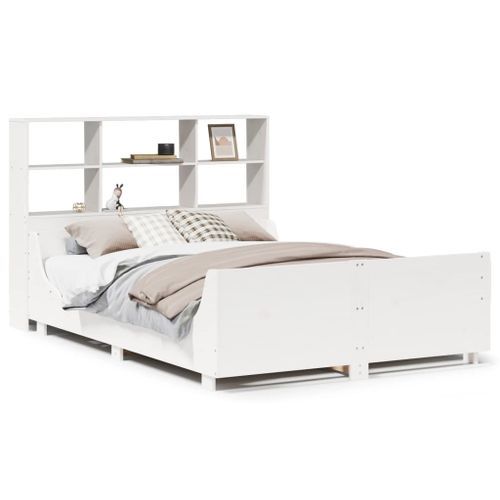 Lit bibliothèque sans matelas blanc 135x190 cm bois massif - Photo n°2; ?>