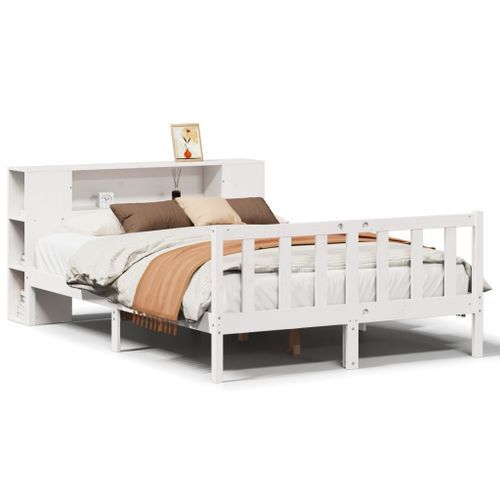 Lit bibliothèque sans matelas blanc 135x190 cm bois pin massif - Photo n°2; ?>