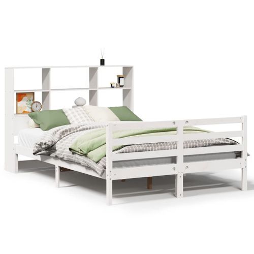 Lit bibliothèque sans matelas blanc 135x190 cm bois pin massif - Photo n°2; ?>