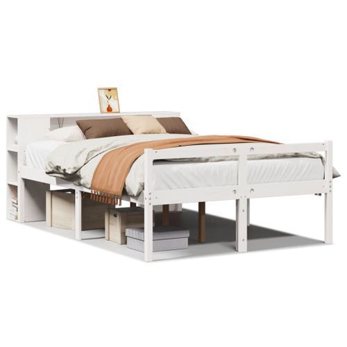 Lit bibliothèque sans matelas blanc 135x190 cm bois pin massif - Photo n°2; ?>