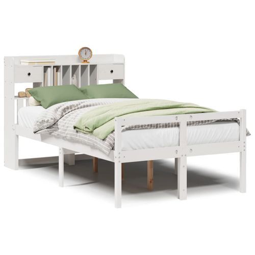 Lit bibliothèque sans matelas blanc 135x190 cm bois pin massif - Photo n°2; ?>