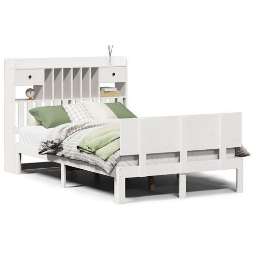 Lit bibliothèque sans matelas blanc 135x190 cm bois pin massif - Photo n°2; ?>