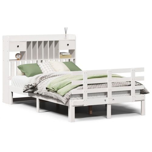 Lit bibliothèque sans matelas blanc 135x190 cm bois pin massif - Photo n°2; ?>