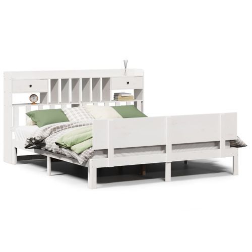 Lit bibliothèque sans matelas blanc 200x200 cm bois pin massif - Photo n°2; ?>