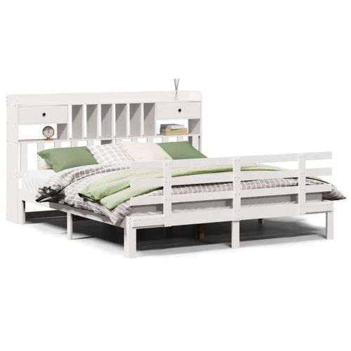 Lit bibliothèque sans matelas blanc 200x200 cm bois pin massif - Photo n°2; ?>