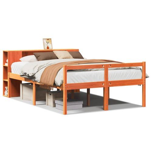 Lit bibliothèque sans matelas cire marron 120x190cm bois massif - Photo n°2; ?>