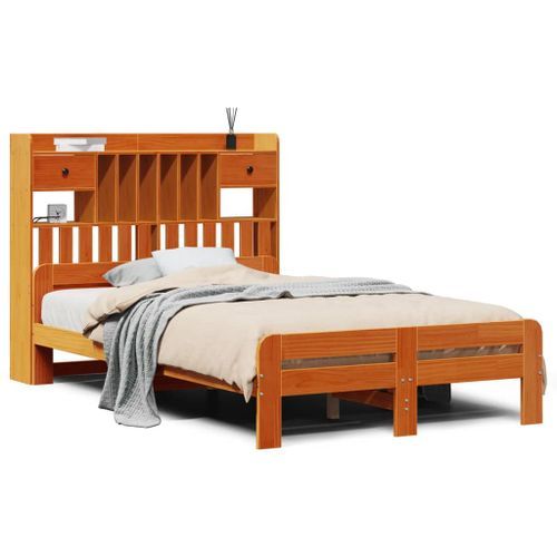 Lit bibliothèque sans matelas cire marron 135x190 cm pin massif - Photo n°2; ?>