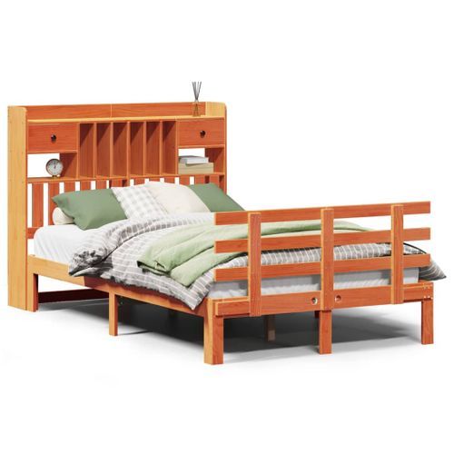 Lit bibliothèque sans matelas cire marron 135x190 cm pin massif - Photo n°2; ?>