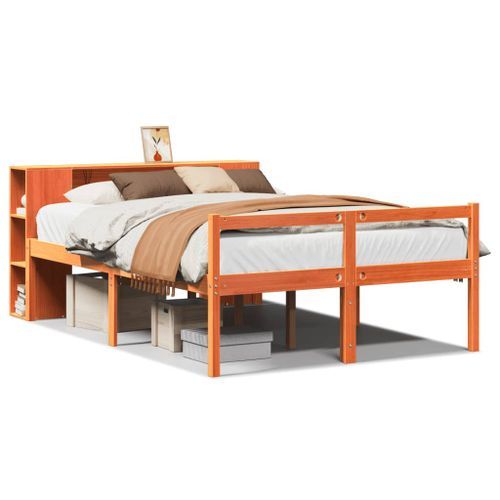 Lit bibliothèque sans matelas cire marron 135x190cm bois massif - Photo n°2; ?>