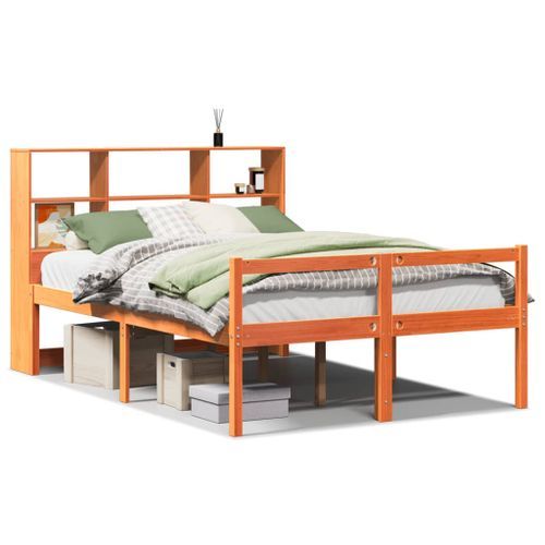 Lit bibliothèque sans matelas cire marron 135x190cm bois massif - Photo n°2; ?>