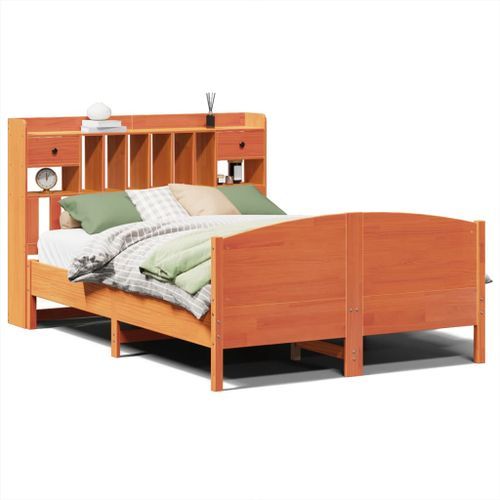 Lit bibliothèque sans matelas cire marron 140x190 cm pin massif - Photo n°2; ?>