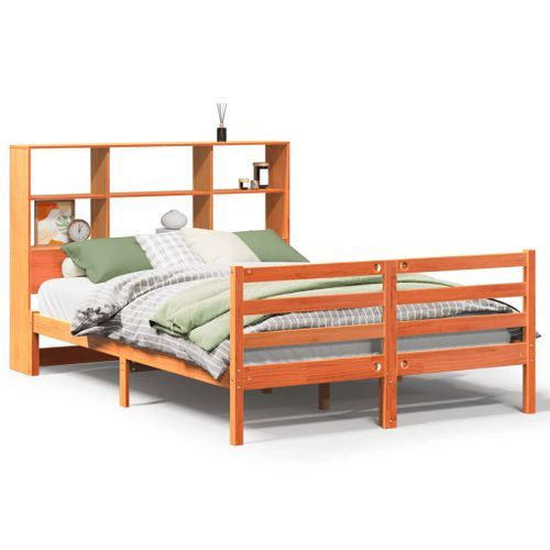 Lit bibliothèque sans matelas cire marron 140x190cm bois massif - Photo n°2; ?>