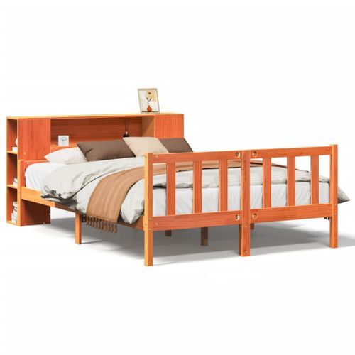 Lit bibliothèque sans matelas cire marron 150x200cm bois massif - Photo n°2; ?>