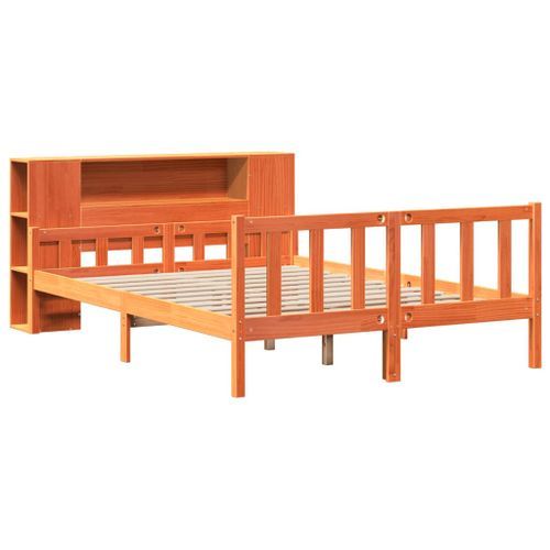 Lit bibliothèque sans matelas cire marron 150x200cm bois massif - Photo n°3; ?>