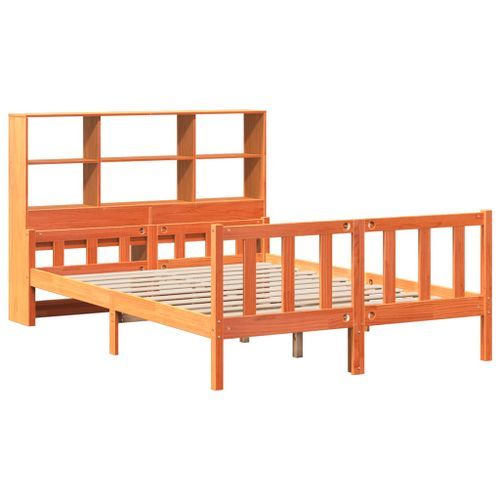 Lit bibliothèque sans matelas cire marron 150x200cm bois massif - Photo n°3; ?>