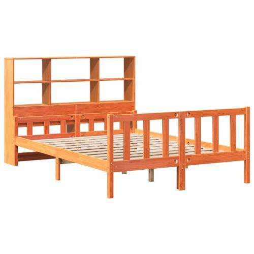 Lit bibliothèque sans matelas cire marron 160x200cm bois massif - Photo n°3; ?>