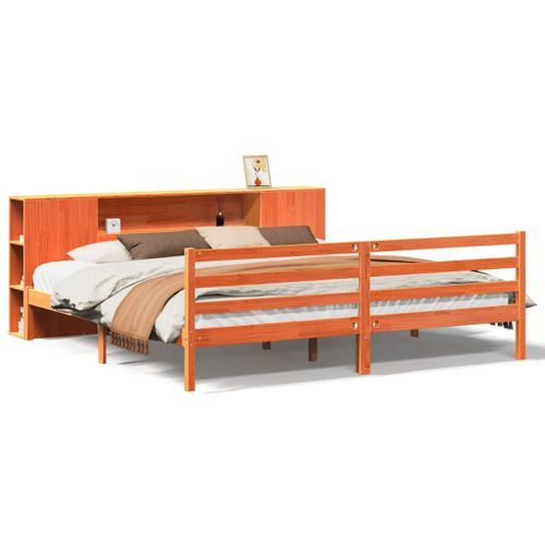 Lit bibliothèque sans matelas cire marron 200x200 cm pin massif - Photo n°2; ?>