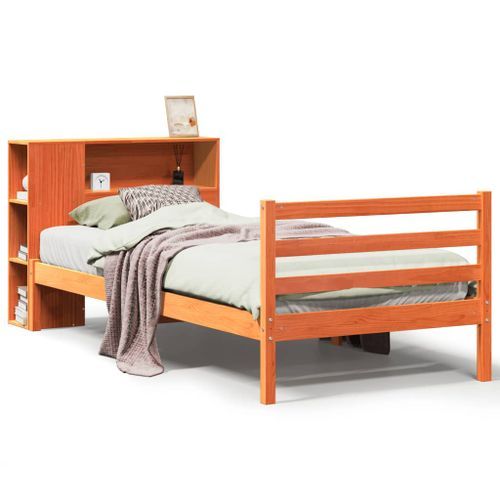 Lit bibliothèque sans matelas cire marron 75x190 cm bois massif - Photo n°2; ?>