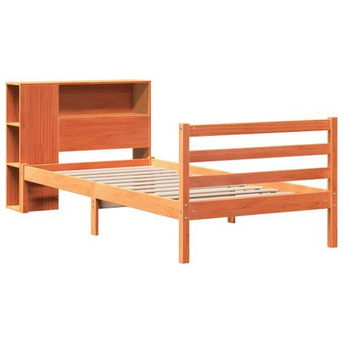 Lit bibliothèque sans matelas cire marron 75x190 cm bois massif - Photo n°3; ?>