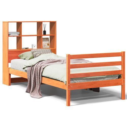 Lit bibliothèque sans matelas cire marron 75x190 cm bois massif - Photo n°2; ?>