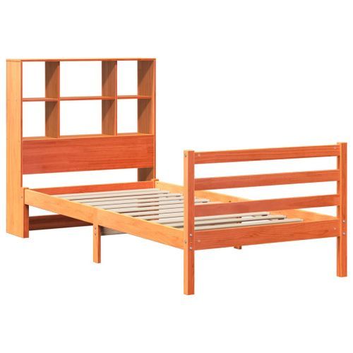 Lit bibliothèque sans matelas cire marron 75x190 cm bois massif - Photo n°3; ?>