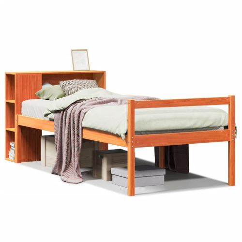 Lit bibliothèque sans matelas cire marron 75x190 cm bois massif - Photo n°2; ?>