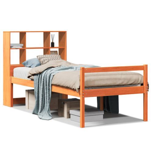 Lit bibliothèque sans matelas cire marron 75x190 cm bois massif - Photo n°2; ?>