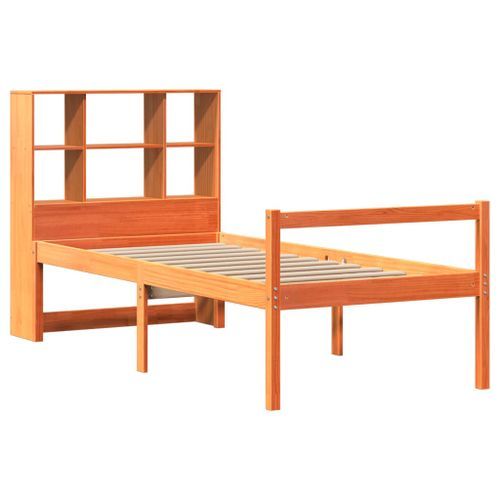 Lit bibliothèque sans matelas cire marron 75x190 cm bois massif - Photo n°3; ?>