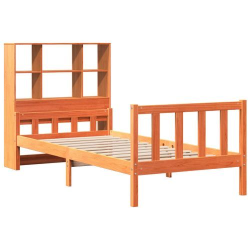 Lit bibliothèque sans matelas cire marron 75x190 cm bois massif - Photo n°3; ?>