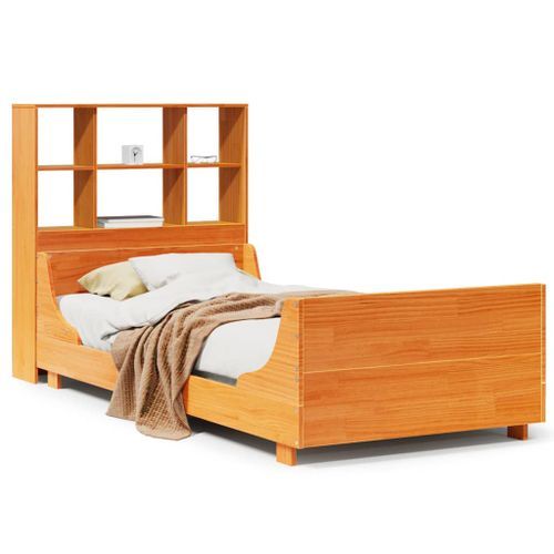 Lit bibliothèque sans matelas cire marron 75x190 cm bois massif - Photo n°2; ?>