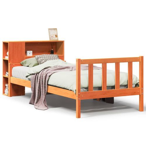 Lit bibliothèque sans matelas cire marron 90x190 cm bois massif - Photo n°2; ?>