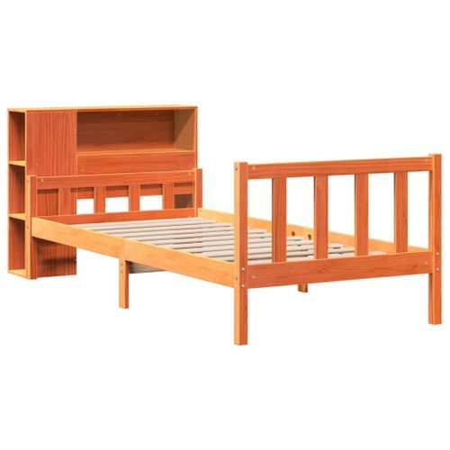 Lit bibliothèque sans matelas cire marron 90x190 cm bois massif - Photo n°3; ?>