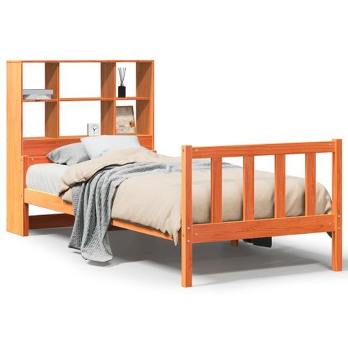 Lit bibliothèque sans matelas cire marron 90x190 cm bois massif - Photo n°2; ?>