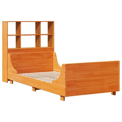 Lit bibliothèque sans matelas cire marron 90x190 cm bois massif - Photo n°3; ?>