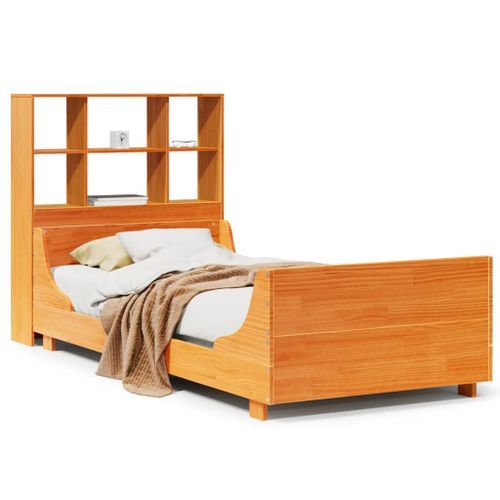 Lit bibliothèque sans matelas cire marron 90x200 cm bois massif - Photo n°2; ?>