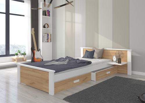 Lit bois pin blanc et bois oak 90x200 cm avec 1 chevet et 2 tiroirs de rangement Lydia - Photo n°2; ?>