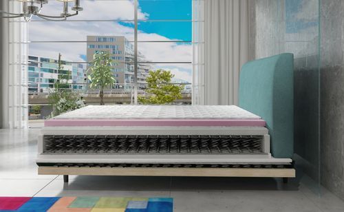 Lit boxspring 140x200 cm velours bleu foncé sommier et matelas inclus Mastera - Photo n°3; ?>