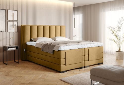 Lit boxspring électrique tissu jaune moutarde avec matelas et surmatelas Arkos - Photo n°3; ?>
