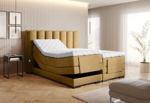 Lit boxspring électrique tissu jaune moutarde avec matelas et surmatelas Arkos - Photo n°2; ?>