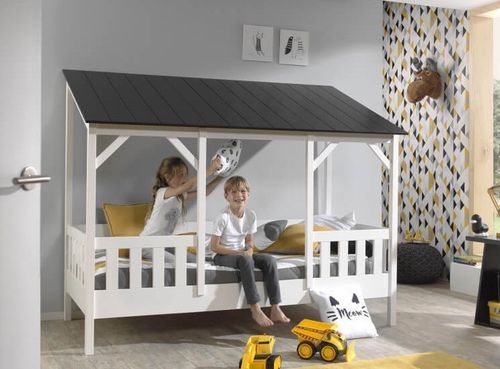 Lit cabane 90x200 cm avec matelas et sommier pin massif toit noir Mila - Photo n°2; ?>