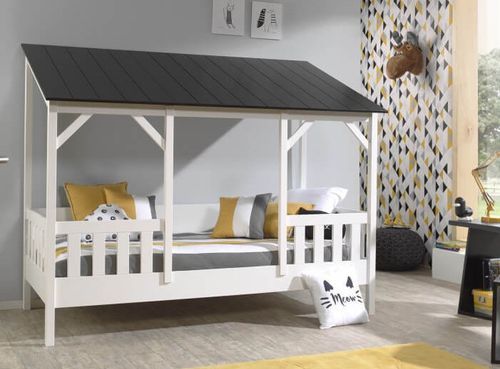 Lit cabane 90x200 cm avec matelas et sommier pin massif toit noir Mila - Photo n°3; ?>