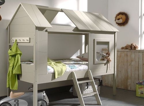 Lit cabane 90x200 cm avec sommier pin massif gris et taupe Charlotte - Photo n°2; ?>