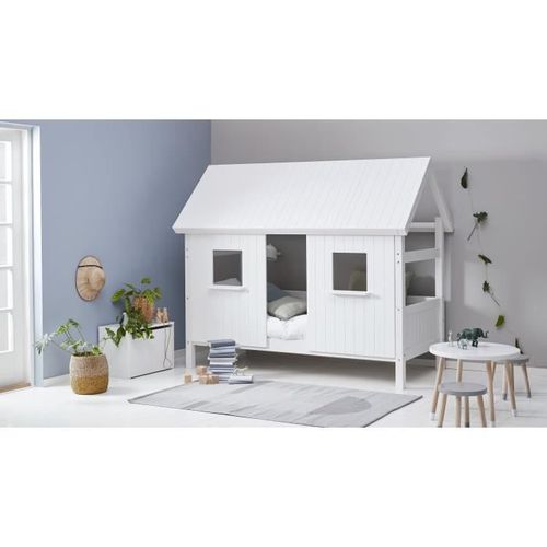 Lit cabane enfant 90 x 200 cm - Pin et MDF blanc laqué - Sommier inclus - Photo n°2; ?>