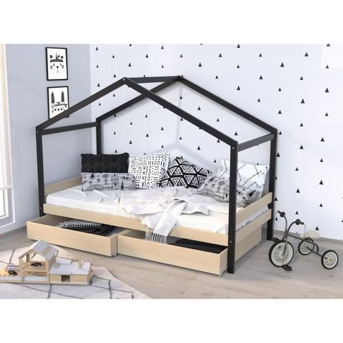 Lit cabane enfant 90x190 cm avec tiroirs - Bois pin massif - Naturel et noir - Sommier inclus - Photo n°2; ?>