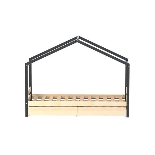 Lit cabane enfant 90x190 cm avec tiroirs - Bois pin massif - Naturel et noir - Sommier inclus - Photo n°3; ?>