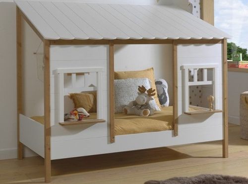 Lit cabane et sommier 90x200 cm pin massif blanc et bois clair Henri - Photo n°2; ?>