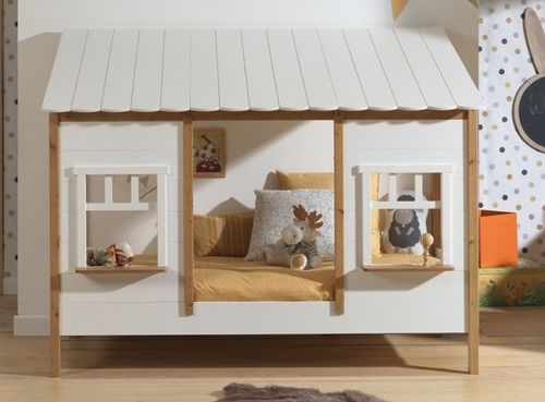 Lit cabane et sommier 90x200 cm pin massif blanc et bois clair Henri - Photo n°3; ?>