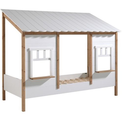 Lit cabane gigogne 90x200 cm et sommier pin massif blanc et bois clair Henri - Photo n°2; ?>