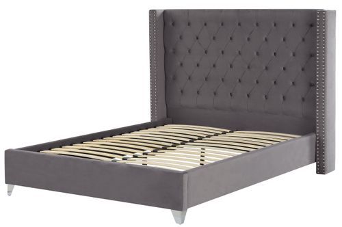 Lit capitonné Chesterfield velours gris Klouto 160x200 cm - Photo n°3; ?>