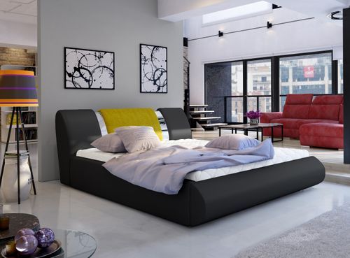 Lit coffre 140x200 cm simili noir/tissu jaune et métal chromé Flavien - Photo n°2; ?>